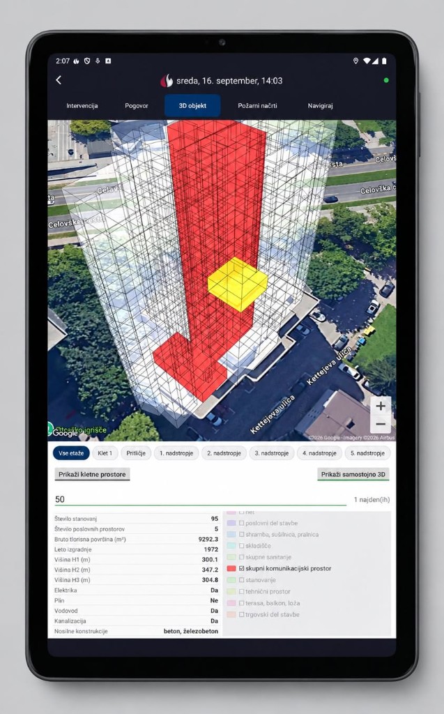 3D model stavbe na zemljevidu v aplikaciji IGNIS, z označenim nadstropjem