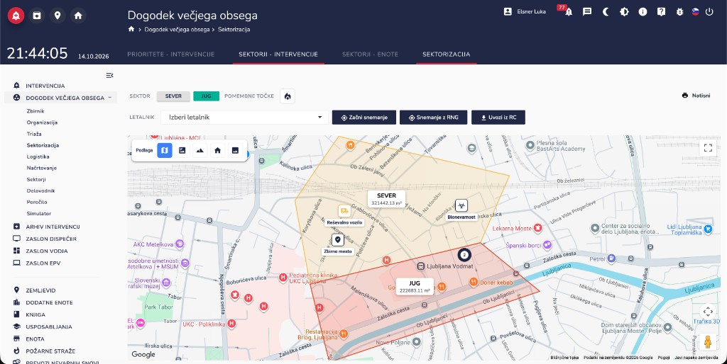 Zemljevid dogodka večjega obsega s sektorjema sever in jug